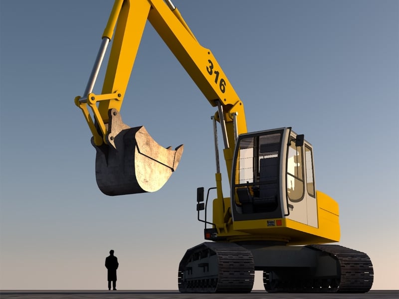 Operate excavator safely: large yellow excavator with a raised bucket, silhouetted figure standing nearby.