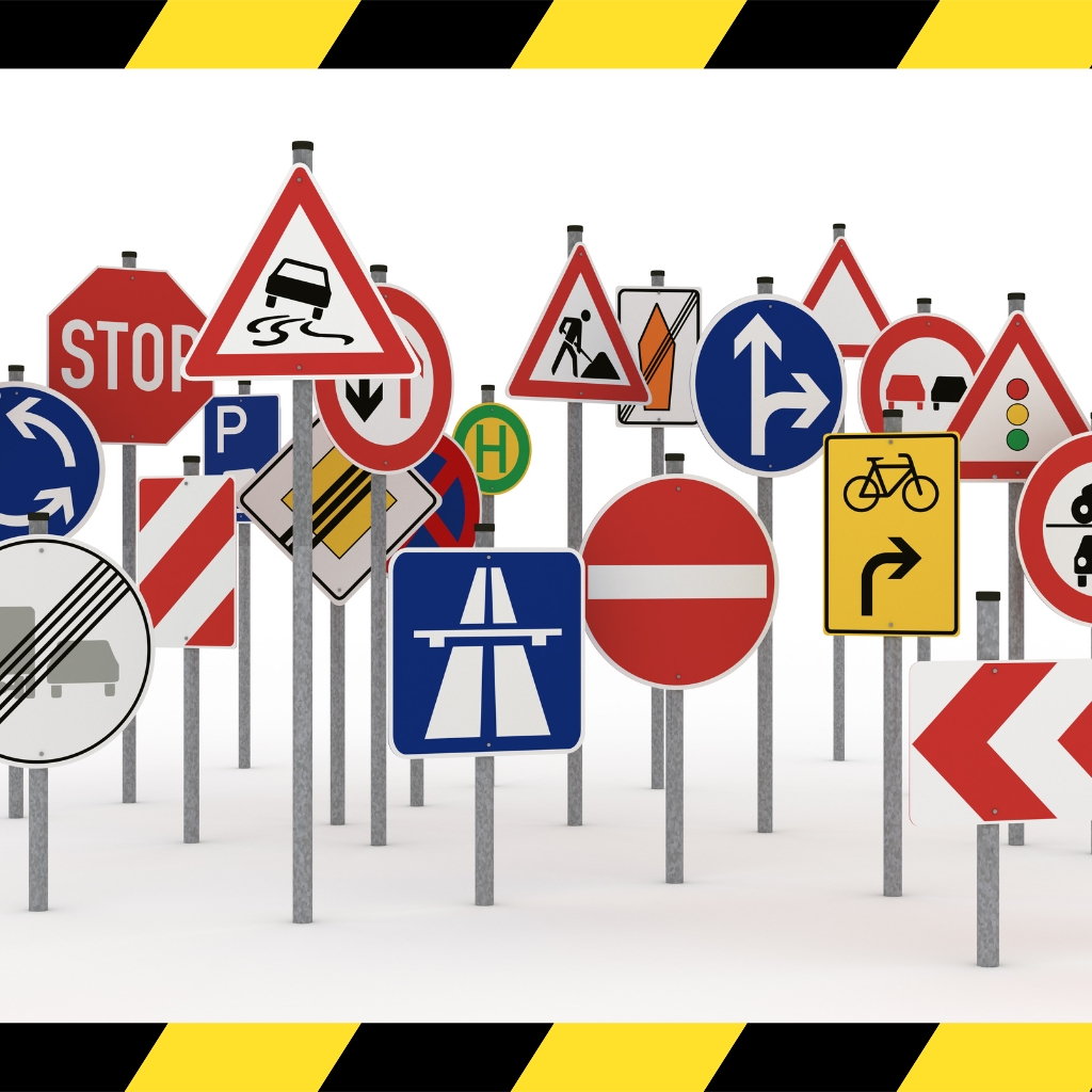 Traffic Management Designer Skill Set showing various traffic signs including warnings directions and restrictions displayed in an organised setup