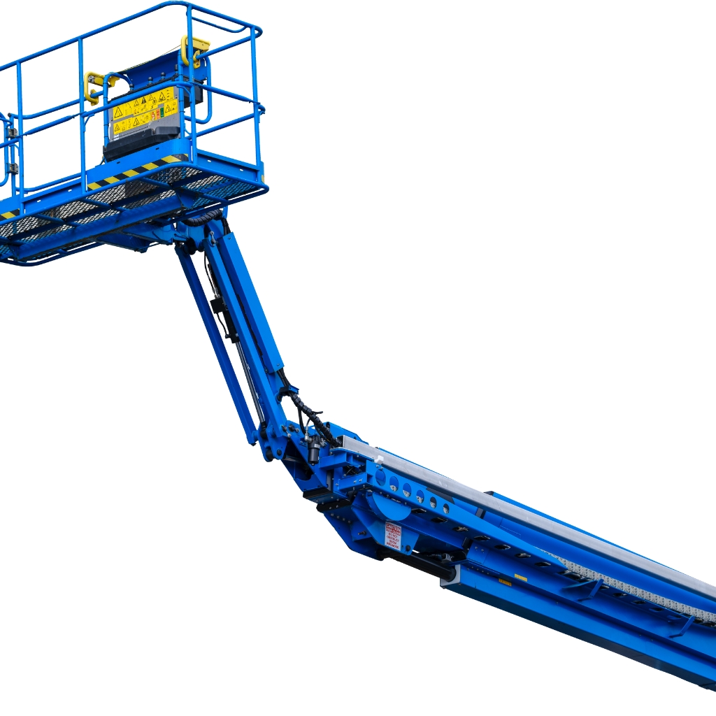 Extended blue EWP (Over 11 meters) boom lift against a clear sky, ideal for high-reach tasks and operations.